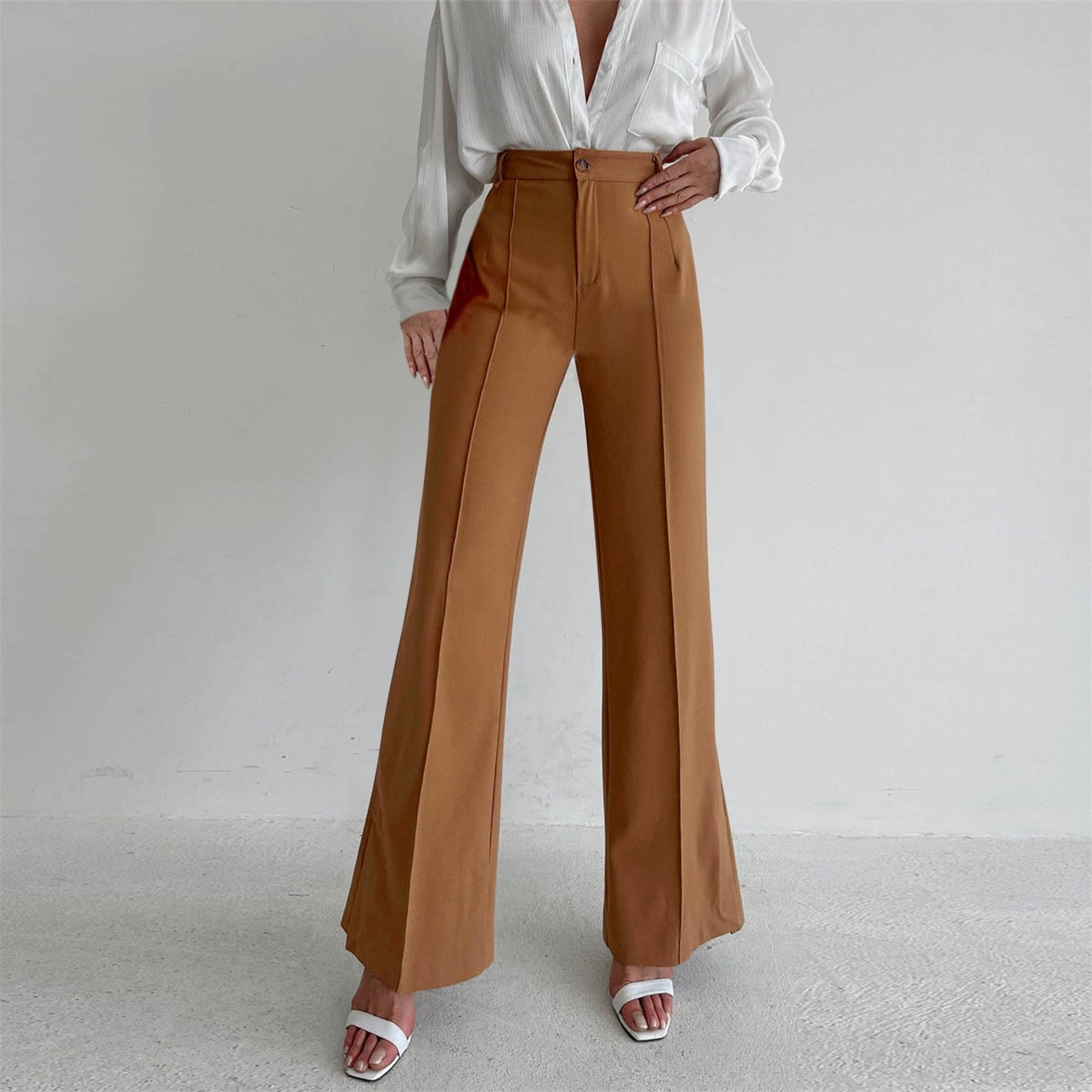 thumbnail image 2 of Pantalones holgados informales para mujer: pantalones rectos con abertura, cintura elástica, tallas S-L, 2 of 8